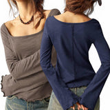 GYPSY Cotton Boho Scoop Neck Cotton Textured Flared Long Sleeves Top