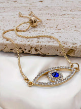 BLING Gold Adjustable Evil Eye Slider Bracelet with Sapphire Blue Center ā Crystal-Studded Protection Charm