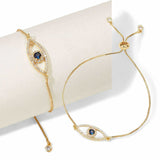BLING Gold Adjustable Evil Eye Slider Bracelet with Sapphire Blue Center ā Crystal-Studded Protection Charm