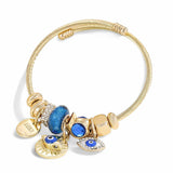 BLING Gold-Tone Evil Eye Charm Bracelet with Blue Crystal Beads – Adjustable Wire Bangle