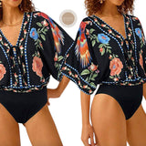 GYPSY Swim V Neck Tie Up Batwing Tropical Print One Piece Swimsuit