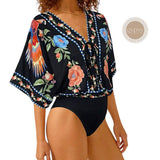 GYPSY Swim V Neck Tie Up Batwing Tropical Print One Piece Swimsuit