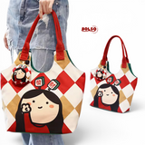 PREORDER BOLSO Art Series Canvas Tote Bag Funky Girl Print w Puff Keychain