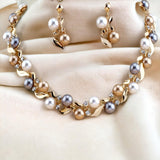 BLING 3pc Jewelry Set Contemporary Pearl Stone Necklace Earrings