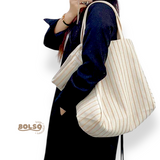 BOLSO Pinstripe Canvas Large Commuter Short Strap Tote Bag
