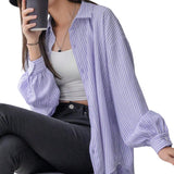 HAMPTONS Woven Stripes Collar Buttondown Curve Hem Casual Loose Polo Shirt Top