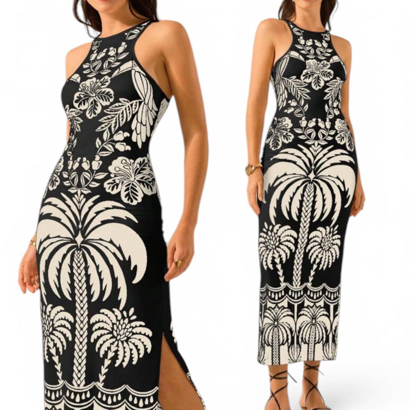 GYPSY Tropical Print Tribal Halter Bodycon Long Dress Indiana Jane MNL GYPSY Tropical Print Tribal Halter Bodycon Long Dress Indiana Jane MNL
