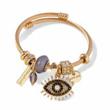 BLING Gold-Tone Evil Eye Charm Bracelet with Blue Crystal Beads – Adjustable Wire Bangle