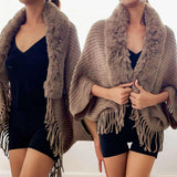 WRAP Cozy Fringe Knit Shawl with Faux Fur Collar – Soft Wrap Poncho