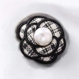 BLING Elegant Camellia Pearl Brooch – Tweed & Faux Leather Fabric Flower Pin