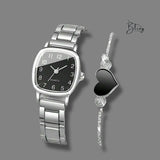 BLING Time Metal Square Face Classic Watch Heart Bracelet Set