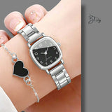 BLING Time Metal Square Face Classic Watch Heart Bracelet Set