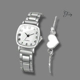 BLING Time Metal Square Face Classic Watch Heart Bracelet Set
