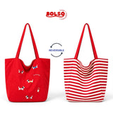 BOLSO Reversible Canvas Stripes Embro Shopper's Tote Bag