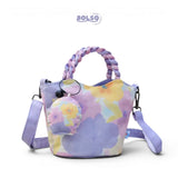 BOLSO Purple Floral Braided Strap Art Series Canvas Bag w Puff Keychain