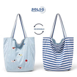 BOLSO Reversible Canvas Stripes Embro Shopper's Tote Bag