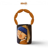 BOLSO Art Series Canvas Bucket Bag – Girl with Pearl Earring Print w Puff Keychain