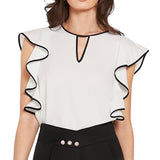 GBOSS Keyhole Neck Waterfall Sleeves Contrast Binding Top